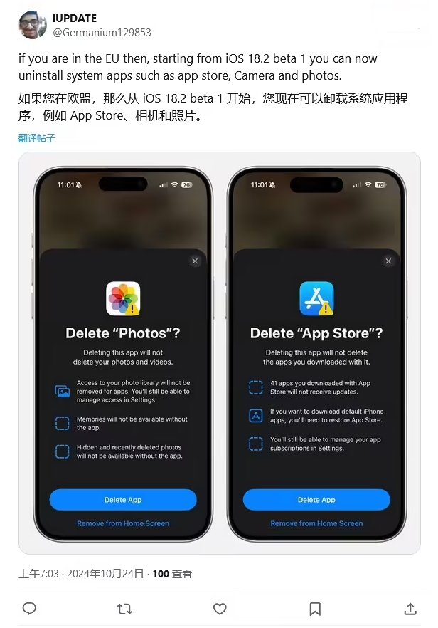 中江苹果手机维修分享iOS 18.2 支持删除 App Store 应用商店 