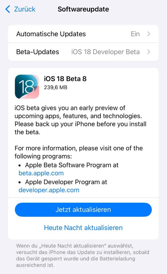 中江苹果手机维修分享苹果 iOS / iPadOS 18 开发者预览版 Beta 8 发布 